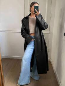 Livesso 新款秋冬宽松休闲加厚优雅装饰PU长款女式外套皮夹克女式大衣 - 黑色 - 查看 3