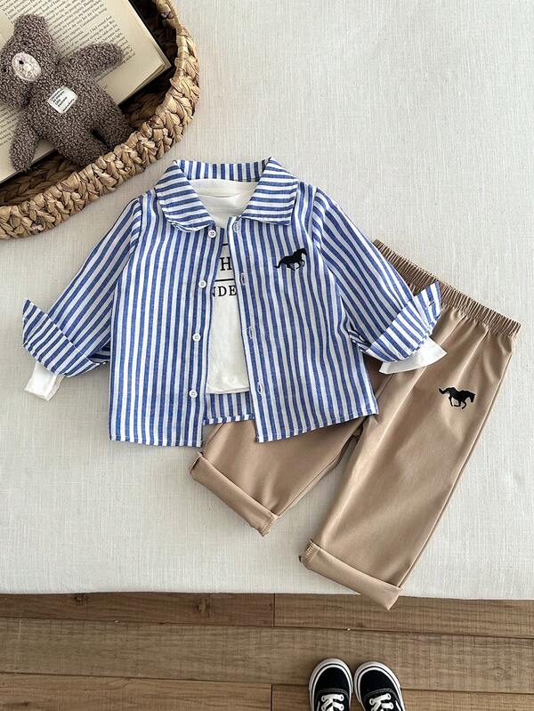 SHEIN 2pcs Baby Boy British Style Striped Collar Button-Up Polo Print Thick Shirt & Casual Trousers Suit, Fleece Lined, Suitable For Winter