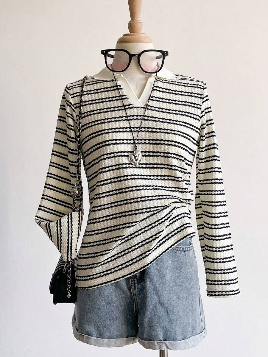 Sweetra Young Girls Striped V-Neck Long Sleeve Base Layer T-Shirt, Autumn/Winter - Apricot - View 1