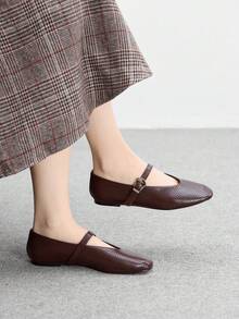 CUCCOO BIZCHIC 女士咖啡色穿孔舒适透气复古玛丽珍平底鞋，百搭日常通勤鞋 - 咖啡棕 - 查看 2