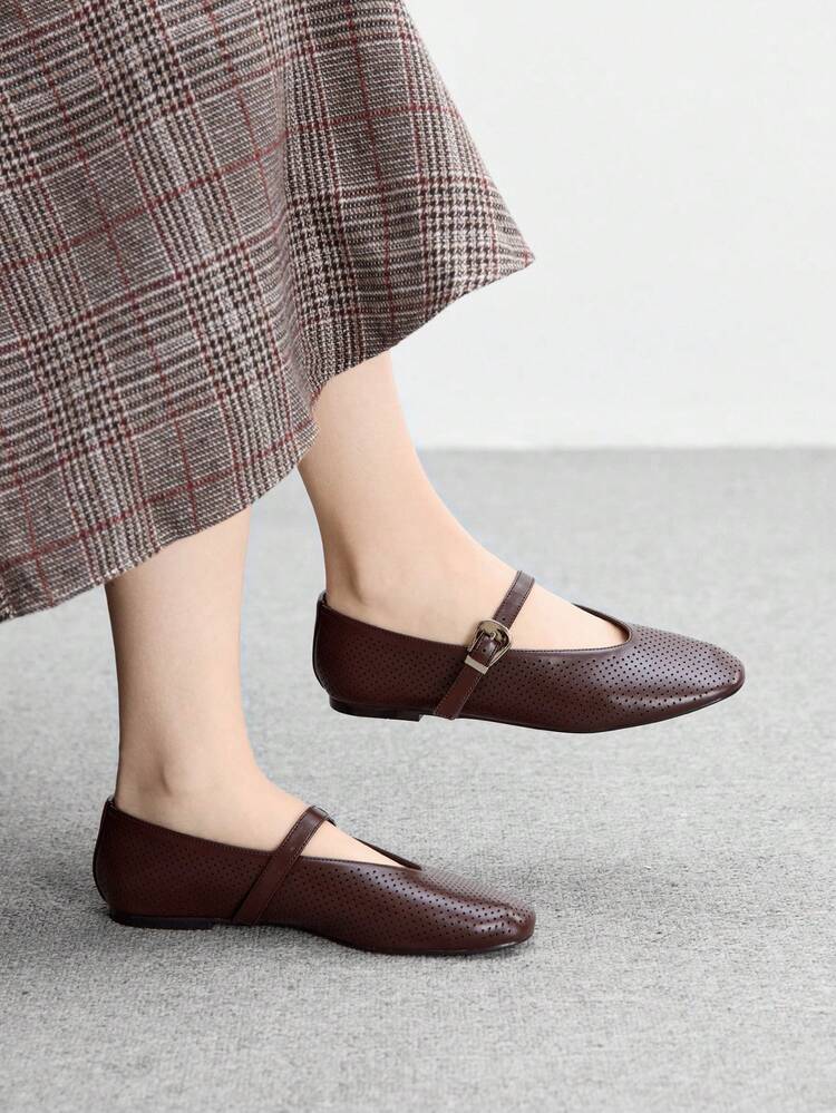 CUCCOO BIZCHIC Women's Coffee Perforated Comfortable Breathable Vintage Mary Jane Flat Shoes, Versatile For Daily Commute Spring Shoes