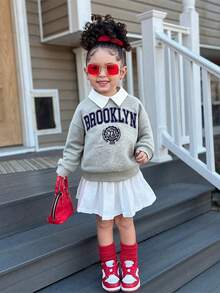 Young Girl 灰色字母图案 Polo 领卫衣和白色迷你裙两件套，学院风秋冬 - 灰色 - 查看 4