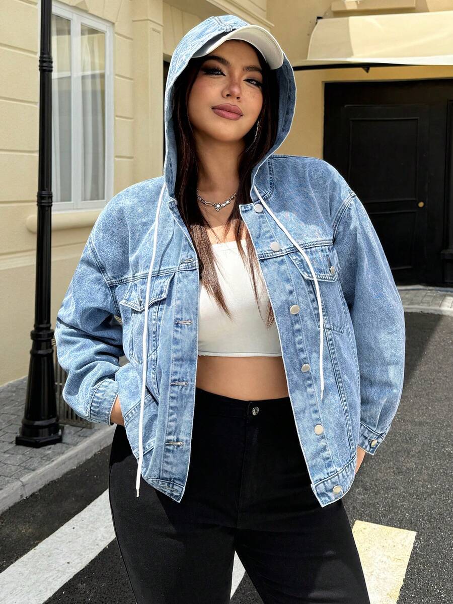 Jeanoix Áo khoác denim có mũ trùm đầu, cài nút phía trước, cỡ lớn, mùa thu - Màu xanh lam - Xem 1