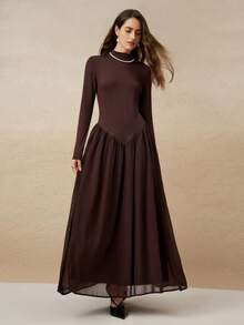 Cévolie 女式复古优雅咖啡棕色针织拼布雪纺 3D 花卉 A 字长袖连衣裙，春/秋 - 咖啡棕 - 查看 5