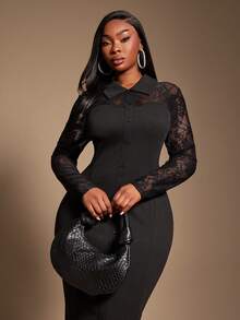 SHEIN SXY Abito midi nero da donna con colletto a camicia, decorazione con bottoni e inserti in pizzo, maniche lunghe, adatto per l'autunno/inverno, taglie comode - nero - Visualizzare 4