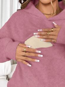 SHEIN 孕婦哺乳純色保暖內裡連帽衫，秋冬保暖女款運動套頭衫 粉色連帽衫 女款連帽衫 連帽衫 - 粉色 - 查看 5