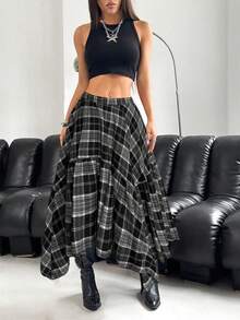 SHEIN EZwear 大码不对称下摆棕色半身裙，初秋 - 黑與白 - 查看 3