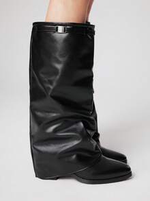 ROMWE Women's Black Closed Toe Low Heel Buckle Motorcycle Boots, Riding Boots, Boots, Leather Dress Boots, Rock Punk Boots, Shaft Boots, Mid-Calf Boots - Black - View 4