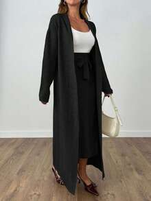 EURMUSE Woman Long Cardigan And Midi Skirt Two Pieces Set Co-Ords - Black - View 3