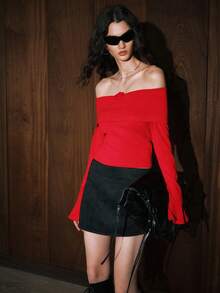 Airlisse 1pc Red Off-Shoulder Top With 3D Floral Decor, Christmas - Red - View 4