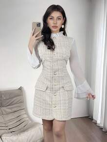 Elenzga 优雅浪漫荷叶边修腰 A 字长袖连衣裙，面料拼接 - 杏色 - 查看 1