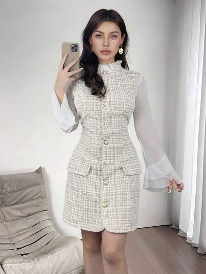 Elenzga 优雅浪漫荷叶边修腰 A 字长袖连衣裙，面料拼接