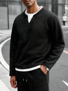 Manfinity Homme Men's Casual Everyday Commute 2 In 1 Sweatshirt And Drawstring Waist Seam Front Sweatpants Set, Spring/Autumn - Black - View 3