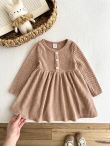 Baby Girl Khaki Thermal Lined Thick High Stretch Ribbed Ruched Long Sleeve Contrast Button Cute Dress, Suitable For Winter - Pink - View 3
