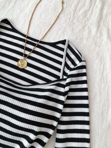 Tween Girls Long Sleeve T-Shirts, Suitable For Valentine's Day, Loungewear, Clean Girl, American BM Style, Y2K, Black & White Striped Knit U-Neck