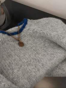 SHEIN LUNE 2025新款加大码女装秋冬时尚休闲简约百搭灰蓝撞色设计小圆领长袖套头毛衣，适合秋冬季穿着。 - 灰色 - 查看 5