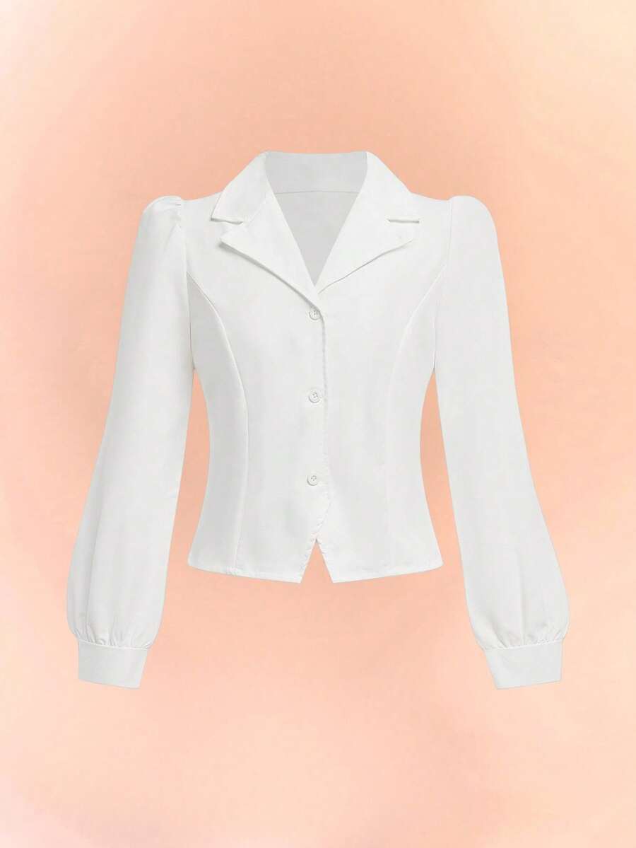 Tween Girls Lapel Collar Long Sleeve Blouse - White - View 1