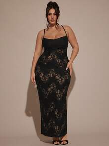 SHEIN BAE Plus Size Women Elegant Sexy Lace Long Dress,Elegant Dress,Winter, Summer,Cozy Fall And Winter,Halloween Costume, Christmas Outfit,New Year Outfit,Thanksgiving Plus Size,Elegant Dresses For Party,Sexy Club Outfits,Cozy Fall & Winter Styles,Plus Size Halloween Costumes,Formal Dresses,Wedding Guest Dress,Plus Size,Halloween Costumes Plus Size,Black Dress, Cocktail Dress,Birthday Party - Black - View 4