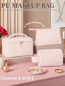 3 pièces Ensemble de sacs de maquillage en PU, organisateur de cosmétiques rayé mignon pour femmes en voyage, sac de toilette imperméable pour adolescentes, trousse de maquillage esthétique rose et beige