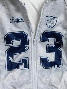 Tween Girls Casual Sports Jacket, Versatile Collegiate Style Bow & Number Graphic Raglan Sleeve Hooded Zip-Up Sweatshirt - Navy Blue - View 5