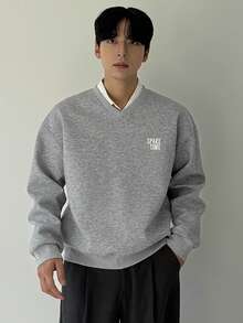 DAZY 男士 V 领字母印花设计麻灰色休闲套头衫，秋季通勤风格 - 灰色 - 查看 3