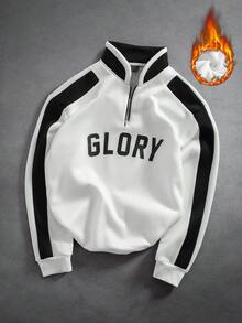 PAVTROS 男士秋冬保暖撞色半拉链套头卫衣，字母印花，时尚百搭，适合室内外穿着。90年代运动风韩流四分之一拉链卫衣，长袖上衣 - 黑與白 - 查看 3