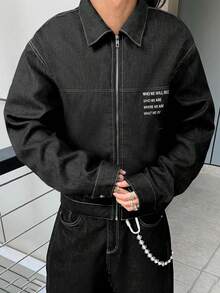 Manfinity EMRG 男士时尚复古休闲长袖拉链夹克，年轻街头风 - 黑色 - 查看 3