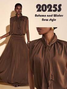 Zivah 2025 Winter New Style Christmas New Year Birthday Party Banquet Preppy Style Student Wear Everyday Street Basic Versatile Casual Cruise Travel Internet Celebrity Hot Style Elegant Commuter Business Casual Gathered Small Stand-Up Collar V-Neck Loose Shirt With Ribbon + Gathered Maxi Skirt Coffee Glitter Satin Satin Autumn/Winter Set Christmas Set New Year Set Women's Two-Piece Set - Rust Brown - View 2