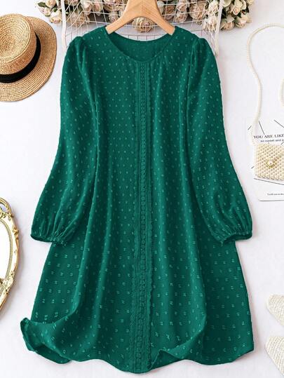 Calvaya Plus Size Holiday Leisure Solid-Colored Dress With Textured Lantern Sleeves, For Christmas Burgundy Color Women Outfit