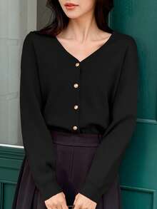 DAZY 女士 V 领红色节日优雅开衫 - 黑色 - 查看 3