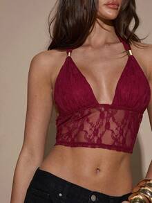 SHEIN BAE Women's Burgundy Lace Halter Backless Top,Autumn Fashionable Solid Color Elegant Crop Top For Christmas,New Year,Party,Club Night,Rave & Techno - Red - View 10