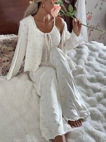 CottageSlumber 3 Peças Conjunto de Camisola, Calça e Roupão Romântico com Renda Floral e Laço, Roupas de Inverno e Outono para Mulheres - Damasco - Visão 7