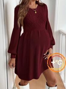 SHEIN 孕妇纯色圆领灯笼袖针织菱形图案腰部休闲毛衣连衣裙 - 酒紅色 - 查看 1