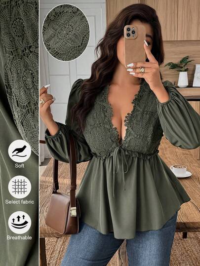 Isle Nomé بلوزة أنيقة للنساء بياقة عميقة على شكل V وربطة أمامية، بأكمام طويلة وتصميم من الدانتيل