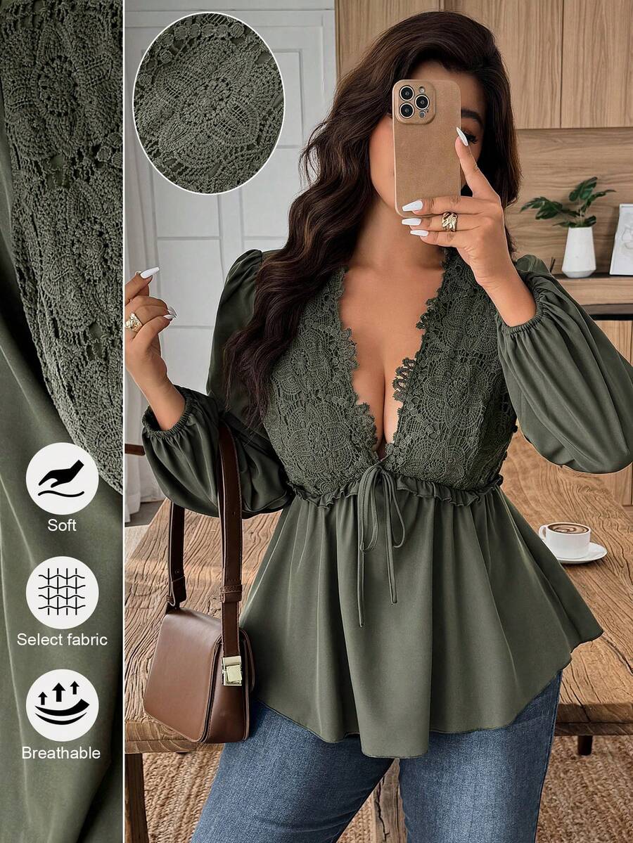 SHEIN LUNE Women's Lace Patchwork Deep V-Neck Tie Front Elegant Long Sleeve Blouse - Army Green - View 1