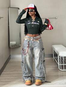 Coolane 女士秋季音乐会锐舞节外出街头服饰 Y2K 复古图案绿色翻领长袖T恤 - 綠色 - 查看 2