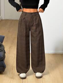 SHEIN PETITE Casual Vintage Pleated Plaid Suit Pants, Autumn And Winter Graduation,Back To School,Teacher Outfits For Women Baggy - Coffee Brown - View 3
