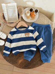 LMoss Kids LMoss 2pcs Baby Boy Knitted Striped Crew Neck Casual Sweatshirt And Pants Set, Baby Boys 2pcs, Baby Set Autumn Winter Season, Baby Boy Two Pieces Set, Baby Boy Clothes Long Sleeve, Cozy Fall & Winter Styles, Long Sleeve Tops, - Multicolor - View 6