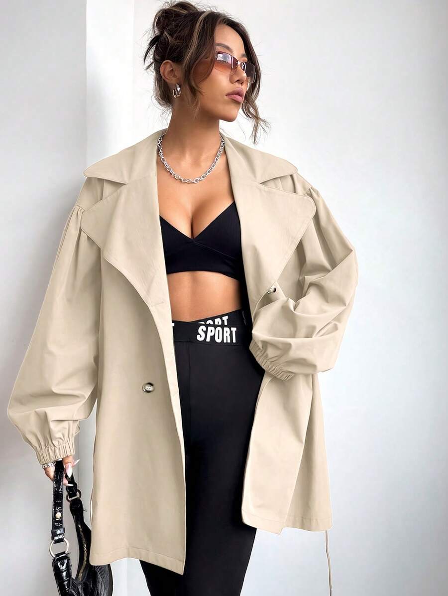 SHEIN EZwear Plain Lapel Collar Embroidery Button Front Pocket Minimalist Trench Coat, Casual Daily Wear In Fall/Winter - Khaki - View 1