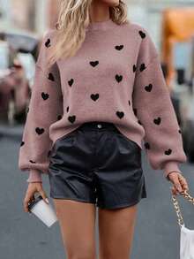 EMERY ROSE Casual Heart Pattern Drop Shoulder Loose Knit Sweater, Autumn/Winter - Coral Pink - View 5