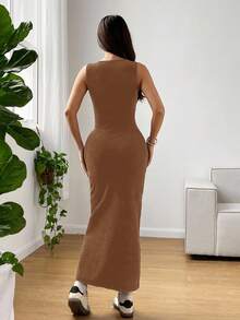SHEIN EZwear 做旧雪花印花无袖中长连衣裙 - 駝色 - 查看 2