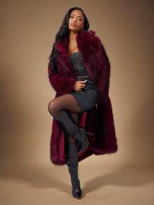 Radiana 优雅酒红色仿皮草长款外套，配腰带，保暖滑雪服外套，柔软蓬松的皮草大衣，适合秋冬季节；适合约会、聚会、派对、夜店、夜生活、圣诞节、新年、宴会、舞会、节日、派对；盛大晚宴；毕业舞会礼服 - 酒紅色 - 查看 6