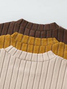 Sparklyn 3件套青少年女孩休闲日常通勤简约纯色罗纹针织长袖T恤 - 黃色 - 查看 4