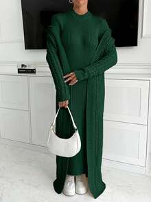 SHEIN Maxi Hoodie Cardigan And Dress Knit Set