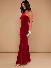 SHEIN Belle 女式优雅单肩鱼尾下摆连衣裙，夏季 - 紅色 - 查看 4