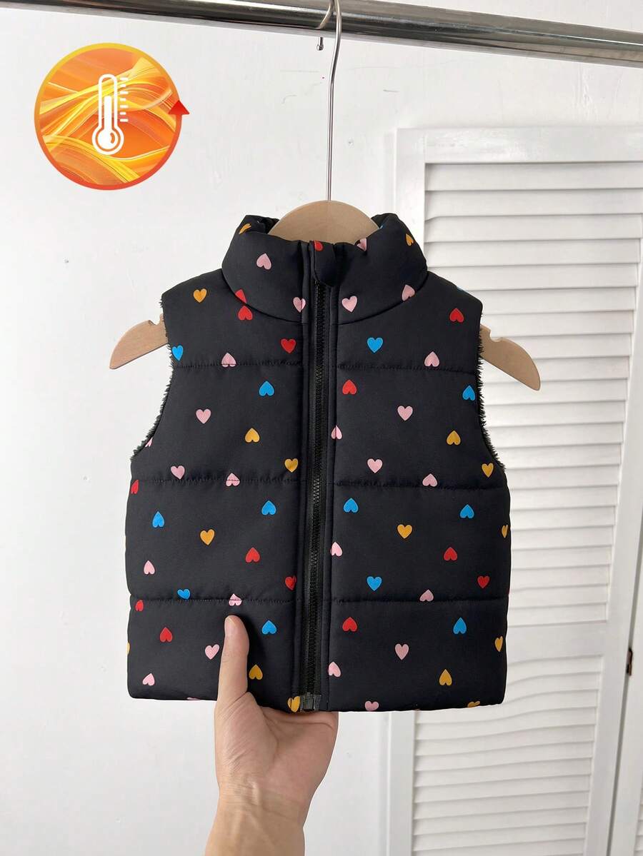 SHEIN 女婴爱心印花保暖内衬外套背心 - 黑色 - 查看 1