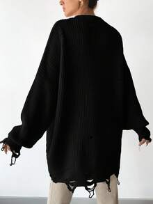 EURMUSE Drop Shoulder Distressed Sweater Black - Black - View 2