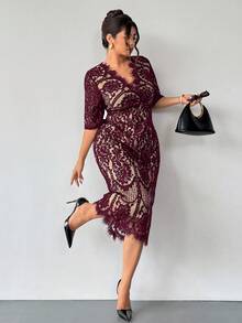 Firerie Plus Size Spring/Autumn Comfortable Casual Elegant Resort Underwire Lace Contrast Lining Stretchy Women Long Sleeve Dress For Office Burgundy/New Year - Burgundy - View 6