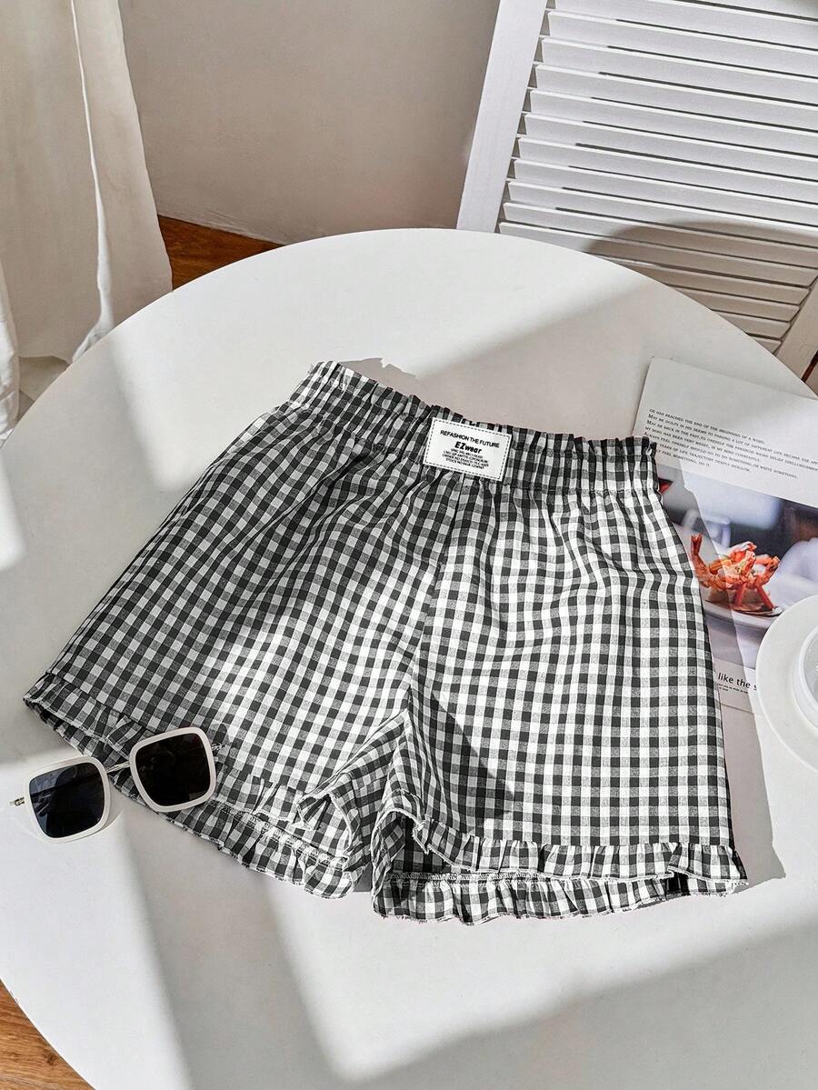 Comfortcana Quần short kẻ sọc đỏ viền bèo nhún cho nữ, phù hợp cho mùa hè - Nhiều màu - Xem 1