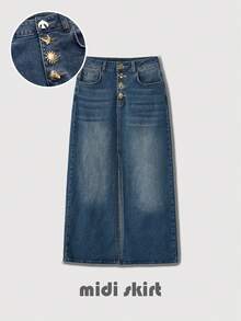 Maija 女式休闲水洗牛仔开衩裙 - 中等水洗藍 - 查看 2